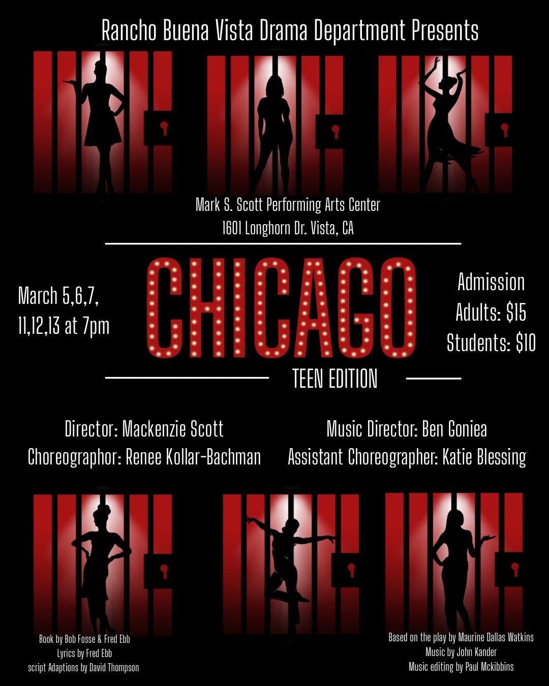 Chicago Teen Edition – RBV Drama Department production poster showing silhouetted dancers with dates March 5, 6, 7, 11, 12, 13 at 7pm