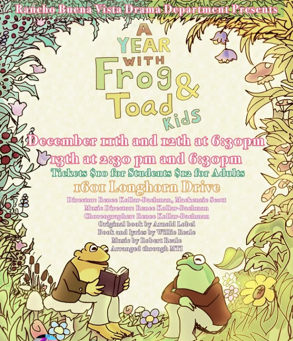 A Year with Frog & Toad Kids – RBV Drama Department production poster with illustrated frog and toad characters, December dates at 6:30pm