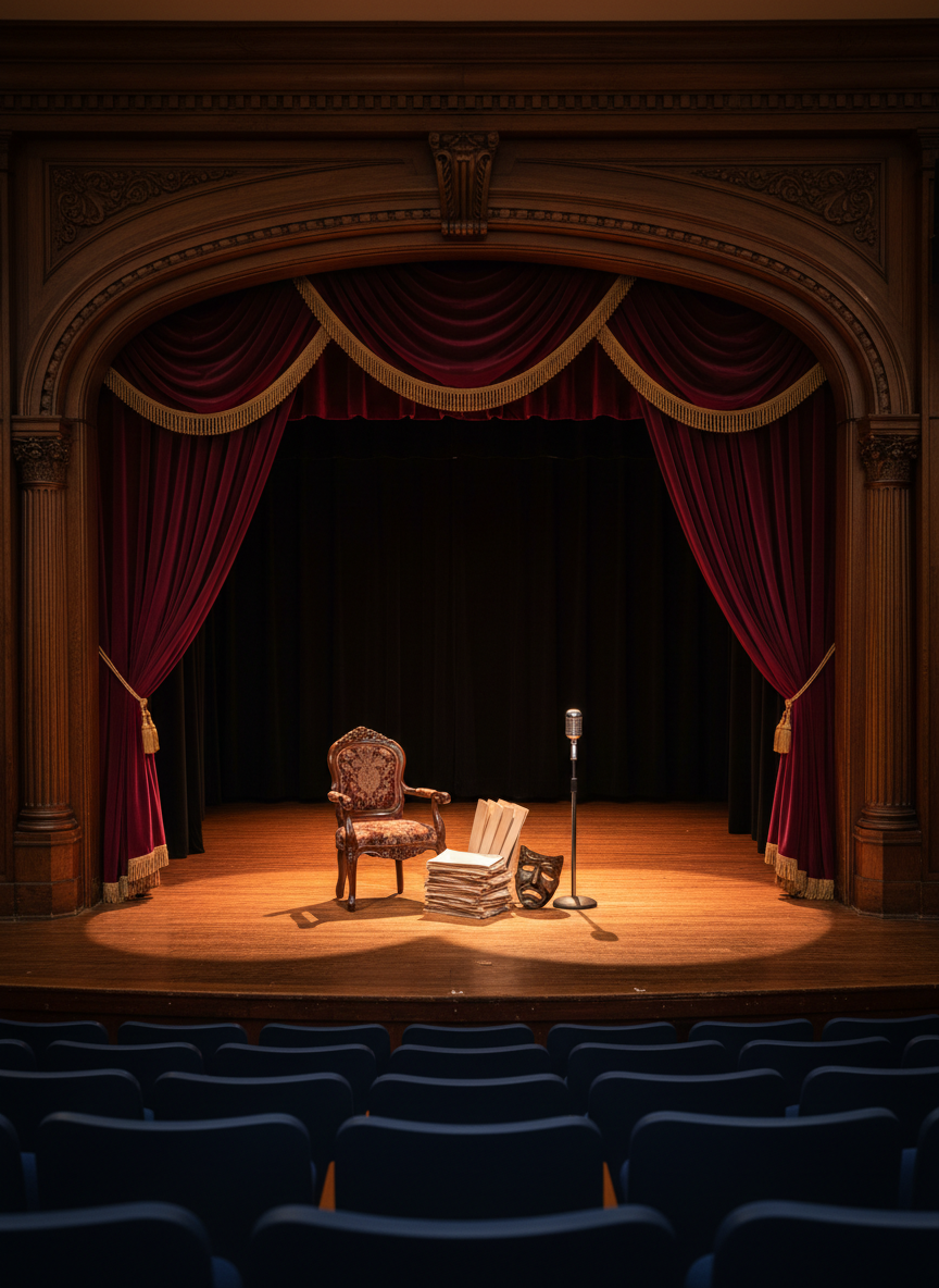 A richly detailed high school theater stage captured in photographic realism, focusing on a polished wooden proscenium framed by deep burgundy velvet curtains. At center stage stands a collection of theatrical props: an ornate wooden chair, a stack of well-worn scripts, a classic tragedy-and-comedy mask sculpture, and a vintage-style microphone on a chrome stand. The empty auditorium seats recede into soft blur, upholstered in dark blue fabric. Warm overhead stage lights cast golden pools of illumination on the floor, with gentle shadows adding depth. Shot from eye level in a wide composition, the mood is professional yet welcoming, suggesting anticipation before a student performance in a well-supported school drama program.
