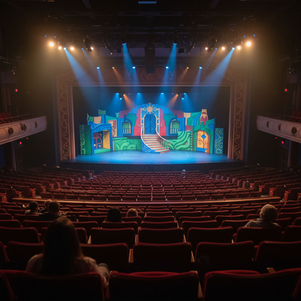 A cinematic, photographic view from the back of a high school auditorium, emphasizing the shared experience of theatre without showing individual people. The foreground shows rows of plush, dark red seats leading the eye toward a brightly lit stage. On stage, an abstract set is built from colorful geometric flats, a painted staircase, and a stylized doorway, suggesting a lively student production. Overhead stage lights in blues, ambers, and soft whites create a dramatic wash, with light beams visible in a subtle haze. Small silhouettes of heads are suggested only as soft, out-of-focus shapes, preserving anonymity. Shot from a slightly elevated angle with deep depth of field, the mood is thrilling and inclusive, capturing the excitement of an opening night audience supporting their high school performers.