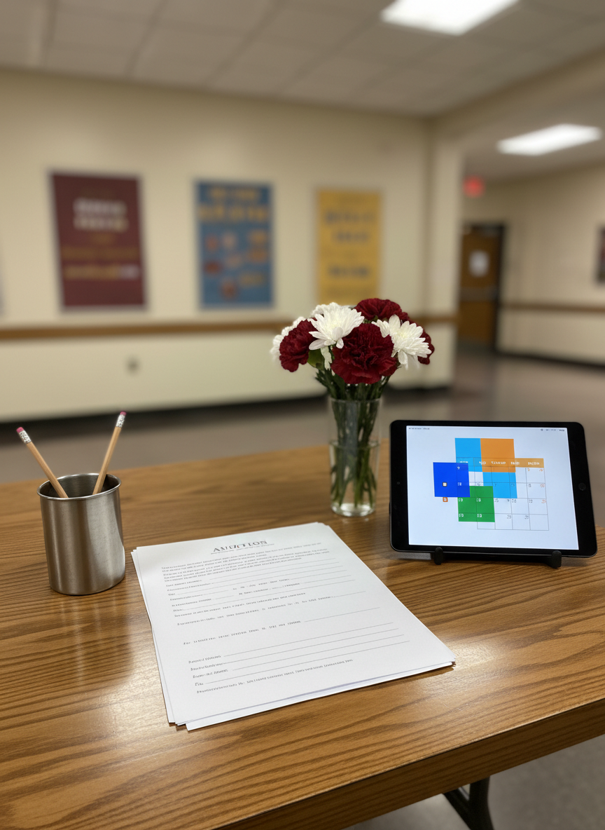 A close-up, photographic image of a neatly arranged audition table in a high school theater lobby, emphasizing meticulous detail. On the smooth oak tabletop sits a tidy stack of blank audition forms, a pair of sharpened pencils in a brushed metal cup, and a sleek digital tablet displaying an abstract calendar graphic without readable text. Nearby, a small vase holds fresh maroon and white flowers referencing school spirit. Soft, diffused indoor lighting from overhead fixtures creates subtle reflections on the table’s varnished surface. The background shows a softly blurred hallway with theater posters rendered as colorful shapes, no legible words. Framed in a rule-of-thirds composition from a slightly elevated angle, the atmosphere feels organized, calm, and encouraging for prospective student performers.