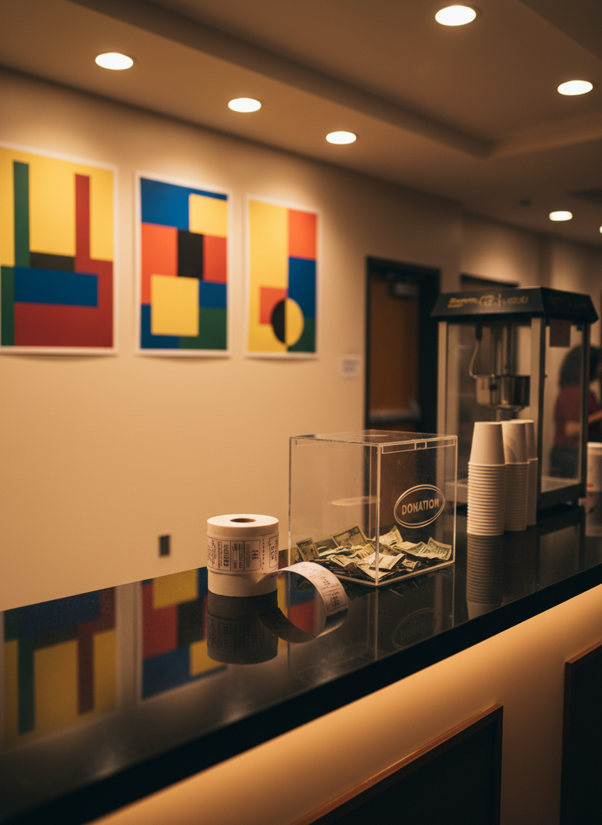 A refined, photographic image of a ticket and concessions counter for a high school theater, designed to suggest performance night. The foreground features a glossy black countertop with a roll of blank perforated tickets, a clear acrylic donation box partially filled with coins and bills, and neatly stacked paper cups beside a silver popcorn machine silhouetted in the background. Stylized posters with bold shapes and color blocks adorn the wall behind, intentionally free of readable text. Warm ambient lighting from overhead fixtures and subtle accent lights under the counter create a cozy, inviting glow, with soft reflections shimmering on the countertop. Captured at eye level with moderate depth of field, the scene feels professional, organized, and family-friendly, evoking the excitement of attending a student production supported by a booster club.