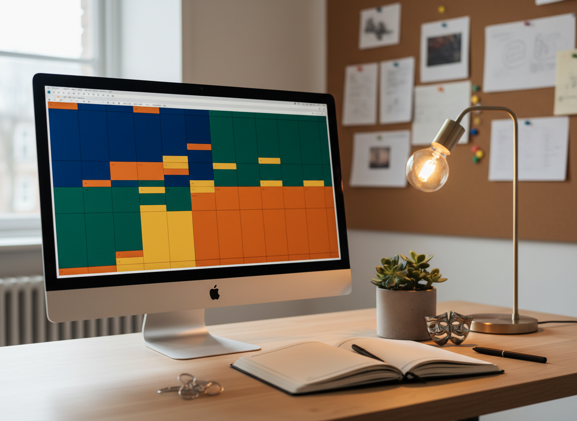 A polished, photographic image representing the drama department’s calendar and planning, set on a modern staff desk. The centerpiece is a large, sleek computer monitor displaying an abstract, colorful grid resembling a schedule, with no legible text. Beside it lies an open planner with blank pages, a fine-tip pen, and a pair of theater mask-shaped paperclips. A small potted plant and a minimalist desk lamp with a warm LED bulb soften the scene. The desktop has a smooth, light wood texture, and the background suggests a quiet office with blurred bulletin boards featuring non-readable notes and color-coded pins. Illuminated by a mix of soft natural window light and warm task lighting, and framed in a clean, balanced composition, the atmosphere is organized, professional, and supportive of coordinated productions and student activities.