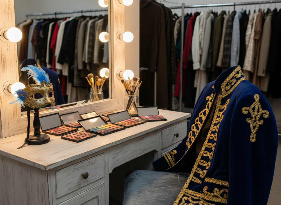 A detailed, photographic close-up of a costume and makeup preparation station in a high school drama dressing room, carefully avoiding human subjects. A vintage-style vanity table holds neatly organized theatrical makeup palettes, brushes in a clear glass jar, and a decorative mask on a stand. A richly textured costume jacket, embellished with gold trim and embroidered patterns, is draped over the back of a nearby chair. The mirror is surrounded by classic round bulb lights, casting a warm, flattering glow that creates soft reflections and gentle shadows. In the background, rows of costume racks filled with garments in different colors and fabrics appear softly blurred. Captured at eye level with a shallow depth of field, the scene feels focused, creative, and professional, celebrating student transformation into characters.