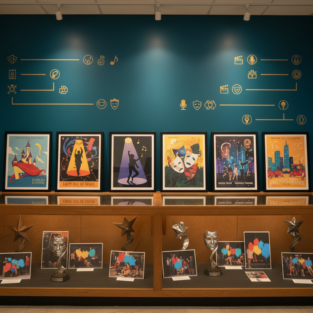 A vibrant, photographic image of a high school theater lobby display celebrating past productions and student achievements. At center is a long wooden display case topped with framed, text-free show artwork: colorful, stylized illustrations hinting at musicals and plays. Inside the glass case sit symbolic awards shaped as abstract stars and masks, alongside glossy photo prints with faces artistically blurred for anonymity. Soft, warm overhead lighting creates gentle reflections on the glass, while accent spotlights highlight the artwork’s colors. The walls behind show neatly arranged, graphic-style production timelines represented by icons instead of words. Shot straight-on with sharp focus and balanced composition, the atmosphere feels proud, festive, and community-oriented, ideal for showcasing the long-running legacy of a student-centered drama department.
