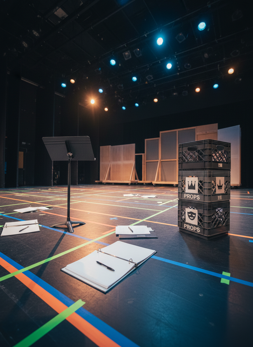 An energetic, photographic view of a rehearsal space on the RBV Drama stage, captured from the wings. The focus is on an array of inanimate rehearsal elements: tape marks in various bright colors crisscrossing the dark stage floor, open binders filled with blank pages, a portable music stand, and a collection of labeled storage crates for props with simple graphic icons instead of words. Overhead work lights and a few angled stage spotlights create a mix of cool and warm tones, casting crisp, dynamic shadows that emphasize depth. In the background, large movable set pieces and flats are visible in soft focus, painted in neutral base coats awaiting final decoration. The composition, shot at a low angle with strong leading lines, conveys hard work, creativity, and student-centered preparation without showing any people.