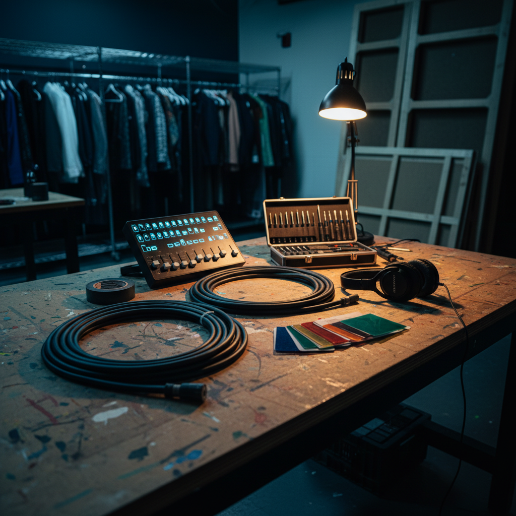 A photographic, backstage still life highlighting the technical side of a high school theatre program. On a sturdy, paint-splattered worktable rest carefully coiled stage cables, a compact lighting console with abstracted, unlabelled buttons and faders, a pair of closed over-ear headphones, and a small toolkit with neatly arranged screwdrivers and gaffer’s tape. Nearby, swatches of colored lighting gels fan out like translucent leaves. Cool bluish work lights from above mix with a single warm lamp at the table’s edge, creating striking contrast and gentle shadows across the tools. In the softly blurred background, a wall of costume racks and set pieces adds context without drawing focus. Shot from a three-quarter angle with a shallow depth of field, the mood is focused, professional, and quietly celebratory of behind-the-scenes student achievements.